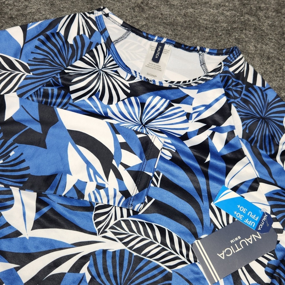 Nautica Swim Surf Shirt Rash Guard Blue Floral Hawaiian Sun Protection Small NWT